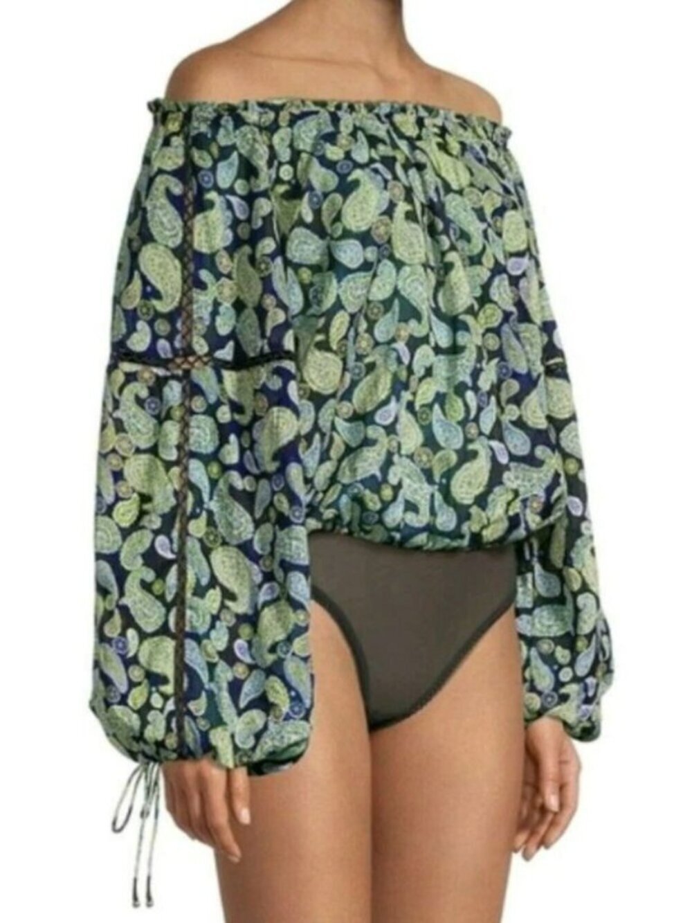 Free People Paisley Print Bodysuit Long Sleeves & Drawstring Cuffs XL Navy Green